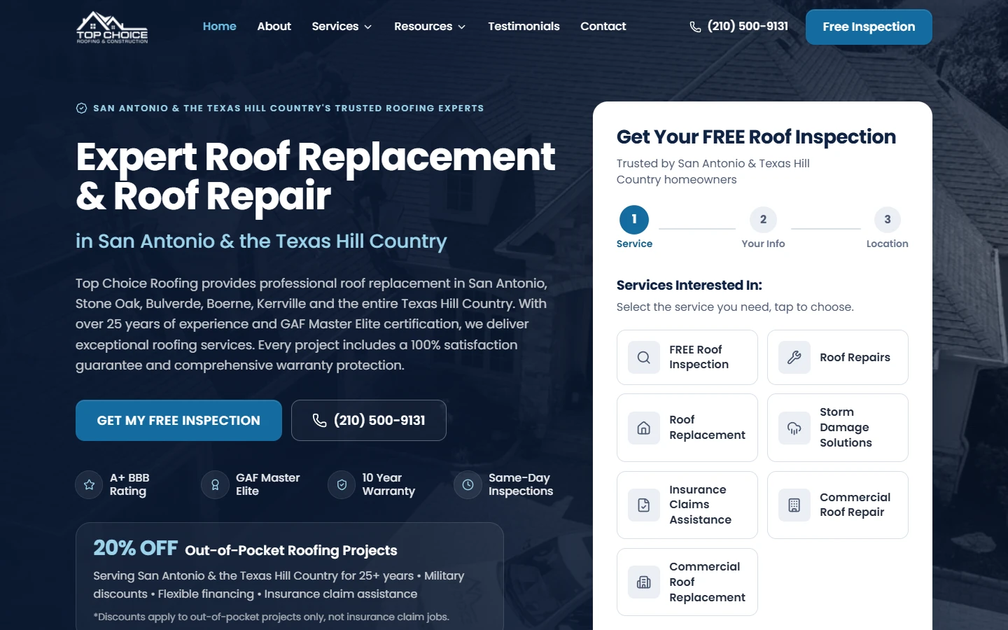 The Top Choice Roofing and Construction website, featuring its San Antonio roofing team and services